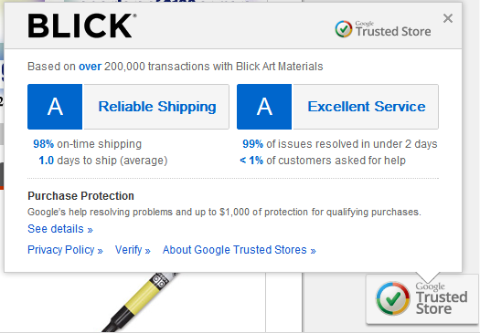 Dick Blick Trusted Badge Google eCommerce Trusted Badge